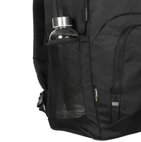 black laptop backpack on white background close up of bottle holder