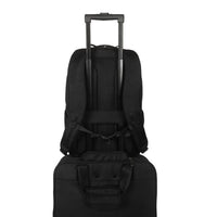 Black backpack with rolling handle on a white background