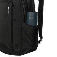Black backpack with a blue water bottle inside, on a white background