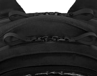 Close-up of a black backpack with zippers and straps.