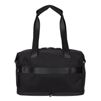 A black nylon duffel bag with dual top handles, a front utility pocket, and a horizontal black strap detail across the front, shown against a plain white background.