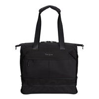 A black Targus expandable duffel bag with dual shoulder straps, a top zipper closure, and a front zippered pocket, shown against a plain white background.