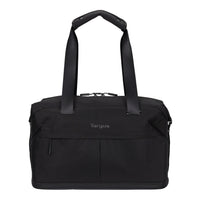 A black Targus tote bag with dual shoulder straps, a front zippered pocket, and a top zipper closure, shown against a plain white background.