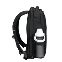 Black backpack with a water bottle holder on a white background