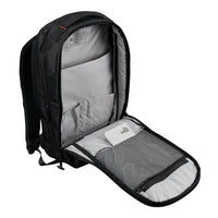Black backpack with open compartments on a white background