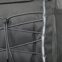 Close-up of a gray backpack with zippers and stitching details