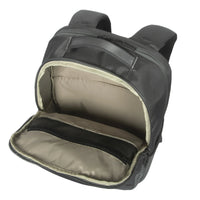 Gray backpack with open front compartment on a white background