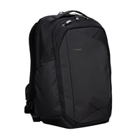 Black backpack with a visible brand logo on a white background