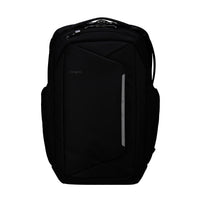 Black backpack with a visible brand logo on a white background