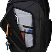 Black backpack with compartments and items inside on a white background