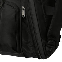Close-up of a black backpack with a zipper on a white background