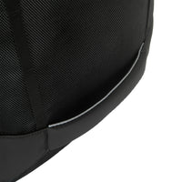 close up of black backpack with reflective detail