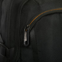 Close-up of a black backpack with a zipper detail, featuring the brand name 'Targus'.