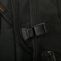Close-up of a black backpack with a buckle and zipper details.