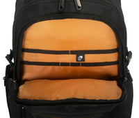 Black backpack with orange interior padding on a white background