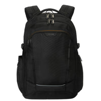 Black backpack with multiple zippers on a white background