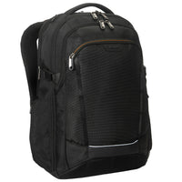 Black backpack with visible brand logo on a white background
