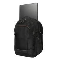 Black backpack with a laptop slot on a white background