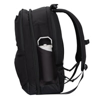 Targus black laptop backpack side view with bottle holder