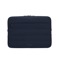 Navy blue laptop sleeve with zipper on a white background