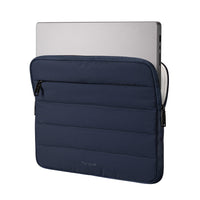 Navy blue laptop sleeve with a silver laptop inside on a white background
