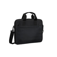 Black laptop bag with a shoulder strap on a white background