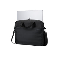 A black Targus laptop sleeve with a top handle and shoulder strap, shown on a white background with a silver laptop partially inserted.