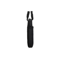 A black nylon shoulder bag shown from the side profile against a solid white background.