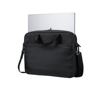Black laptop bag with a Targus logo containing a white laptop on a white background