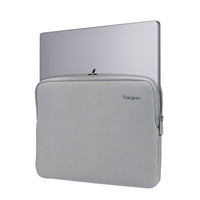 A light gray Targus laptop sleeve holding a silver laptop, shown against a plain white background.