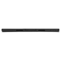 A close-up side view of a black tablet or laptop showing the thin edge, ports, and buttons along the bottom, set against a plain white background.