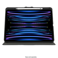 A black tablet case with a built-in stylus on the top edge, shown in a landscape orientation on a white background. The tablet screen displays a colorful abstract wallpaper with blue, purple, and yellow glowing wave patterns.