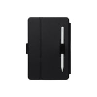Black notebook with a pen on a white background
