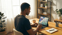 Man using a tablet at a desk with a cozy home office setting