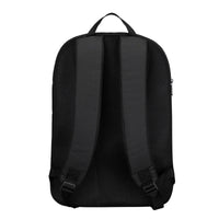 Black backpack shown from the back on a white background