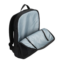 Black backpack with open compartments on a white background