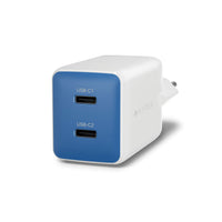 A white and blue Hyper-branded dual-port USB charger with USB-C1 and USB-C2 ports, shown on a clean white background.