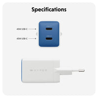 Specifications graphic showing a blue and white Hyper power adapter with two USB-C ports, labeled 45W USB-C and 45W USB-C, on a light gray background.