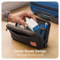 A dark gray travel organizer pouch on a wooden table, shown with a hand plugging in a white and blue power adapter. Inside the pouch are a blue cable and other travel accessories.