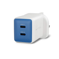 A white and blue Hyper-branded USB-C wall charger with two USB-C ports, shown on a clean white background.
