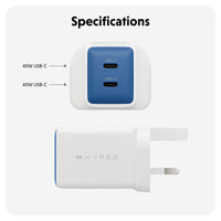 Specifications graphic showing a white Hyper power adapter with a blue side accent and two USB-C ports, labeled 45W USB-C, on a light gray background.