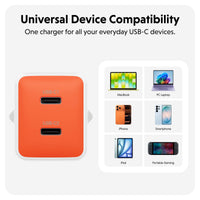 An orange compact USB-C power bank shown on a light gray background, with text reading 'Universal Device Compatibility' and a grid of compatible devices including MacBook, PC Laptop, iPhone, Smartphone, iPad, and Portable Gaming.