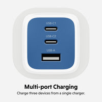 A blue and white multi-port USB charger with three USB-C ports and one USB-A port, shown on a light gray background with the text 'Multi-port Charging' and 'Charge three devices from a single charger.'.