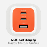 An orange and white multi-port USB charger with three USB-C ports and one USB-A port, shown on a light gray background with the text 'Multi-port Charging' and 'Charge three devices from a single charger.'.