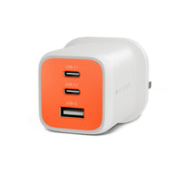 A white and orange HYPE-5 USB charger with two USB-C ports and one USB-A port, shown on a clean white background.