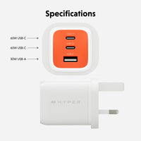 White Hyper-branded wall charger shown with a specifications label above, featuring an orange front panel with three USB-C ports and one USB-A port, plus text indicating 65W USB-C, 65W USB-C, and 30W USB-A.