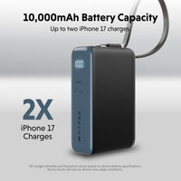 A portable power bank with a black body and a slate blue side panel, shown with a charging cable loop. The image features promotional text highlighting its 10,000mAh battery capacity and ability to charge two iPhone 17 devices.