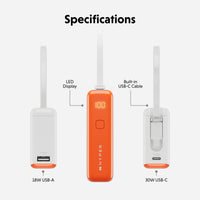 Specifications diagram showing three views of a portable power bank on a light gray background, with labels pointing to LED display, built-in USB-C cable, 18W USB-A output, and 30W USB-C output.