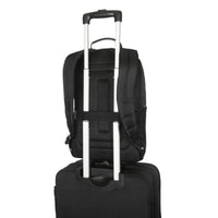 black laptop backpack on white background on trolley showing loop