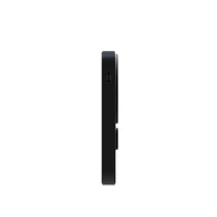 A slim black side profile of a rectangular powerbank, showing a USB-C port and a small button, isolated on a solid white background.